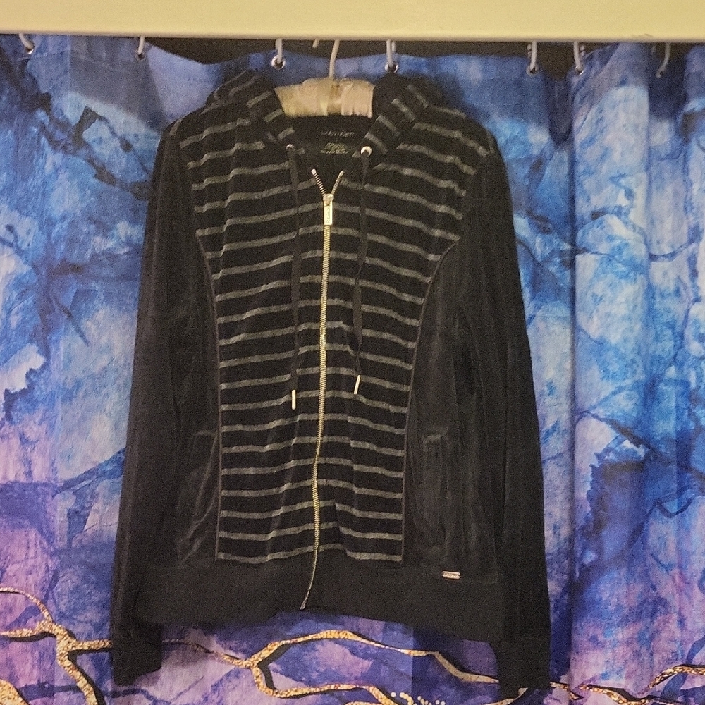 Calvin Klein Black and Gray Striped Women's Zip Front Hoodie. Size L